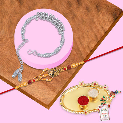 ShreejiHuf Bhaiya Bhabhi SHHRK-1064-4318-4331 Mauli Thread Rakhi  Set(1 Bhaiya/1 Bhabhi Rakhi With Roli Chawal And Greeting Card With Pooja Thali)