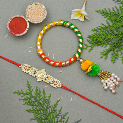 arvind's Bhaiya Bhabhi Rakhi for Brother and Bhabhi pair, OM rakhi for bhai, with Roli Chawal Mauli Thread Rakhi, Chawal Roli Pack, Greeting Card  Set(Bhaiya Bhabhi Rakhi set WITH ROLI CHAWAL Rakhi for brother OM rakhi)