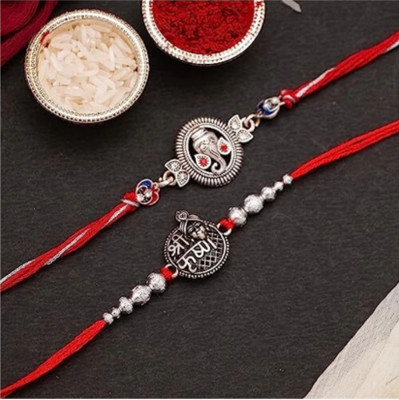 AVM Designer AM-Fancy & Latest Designer Rakhi for Bhai, Bhaiya,Mens & Kids-L8 Gold Finish Rakhi, Chawal Roli Pack  Set(2 Fancy Rakhi for Brother/ Bhai/ Men's/ kids, 1 Roli & 1 Chawal Pack)