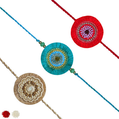 MASQ Designer Rakhi Combo Set with Roli Chawal & Moli for Kids (Teal-Pink-multi,Pack of 3) Mauli Thread Rakhi, Chawal Roli Pack  Set(Set of 3 Rakhi with Roli Moli and Chawal)