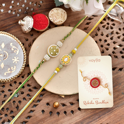 Voylla Thread Traditional Inspired Men's Lightly Embellished Thread Rakhis Mauli Thread Chawal Roli Pack  Set(Pack of 2)