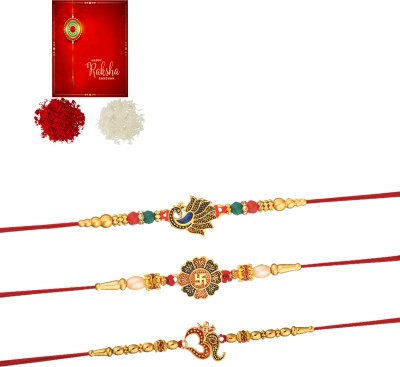 Poorak Designer GRT_23RK_3RE_CR Assorted Greeting Card, Chawal Roli Pack, Rakhi  Set(3 Rakhi for Brother, 1 Rakhi Card, 1 Roli, 1 Chawal)