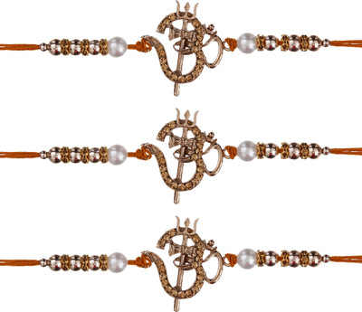 Ekiish Designer Gulab-P20-P20-P20_AP1707 Silver Rakhi, Chawal Roli Pack, Greeting Card  Set(Premium Om Rakhi Set Of 3, Trishul Rakhi Combo Of 3)