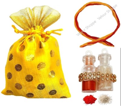 Velour Shoppe Potli with Dhaga & Roli, Chawal in Cute Bottle for Bhai Dooj Tikka Assorted Chawal Roli Pack  Set(1 Moli Kalawa Thread, 1 Roli Glass Bottle, 1 Chawal Glass Bottle, 1 Potli)