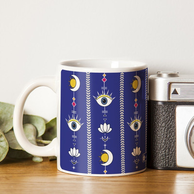 Indigifts Mug And Coaster Evil Eye Printed Blue and White Coaster_C-CM061-GENC22006 Ceramic Coffee Mug(325 ml, Pack of 2)