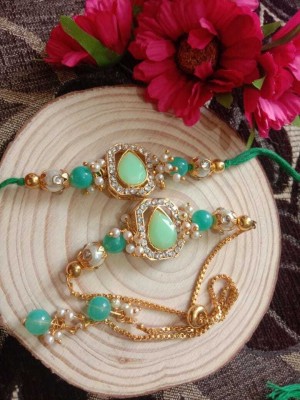 catalyst venture Bhaiya Bhabhi CR : 113 PISTA GREEN TINK PADAL Kundan, Gold Finish Rakhi, Bracelet, Lumba  Set(2 rakhi and 1 Bracelet)