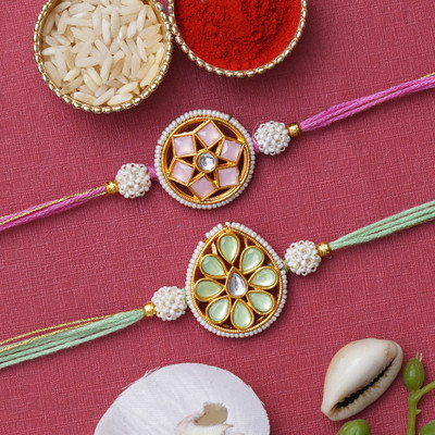 eCraftIndia Designer D1489 Assorted Rakhi  Set(Set of 2 Designer Rakhis, 1 Roli Chawal Pack)