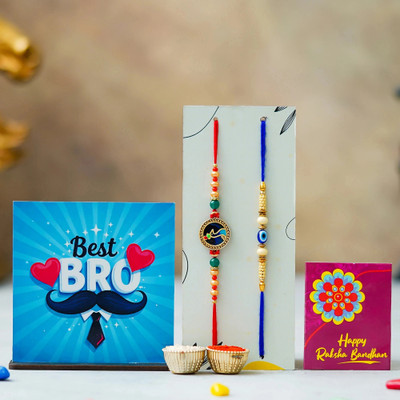 Tonkwalas Designer Rakhi Gift Set For Brother Combo With Roli Chawal Greeting Card- FRM2-C16-C2 Mauli Thread Showpiece, Rakhi, Greeting Card, Chawal Roli Pack  Set(1 Table Top MDF Frame, 2 Designer Rakhi, 1 Roli Chawal Packet, 1 Best Wishes Card)