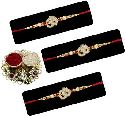 Natali Traders Designer Om Rakhi Set of 3 Assorted Rakhi, Chawal Roli Pack  Set(Om Rakhi Set of 3, Chopra with Roli Chawal Pack)