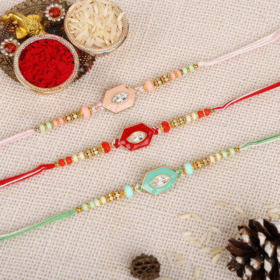 True Decor Designer Set Of 3 Emerald Rakhi Assorted Chawal Roli Pack  Set(3 Rakhi::1 Pack Roli Chawal)