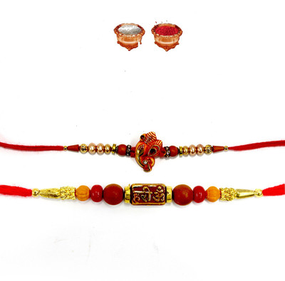 TOMUNCLE Designer Rakhi COmbos RAKHI0292 Assorted Rakhi, Chawal Roli Pack  Set(Rakhi Combos Of 2 Different Designer Rakhi, 1 Pack Roli and Tika)