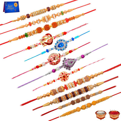 TR Designer RAKHI Assorted Rakhi  Set(12 Rakhi set 1 Greeting Card 1 Roli Chawal)