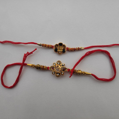 PDR Poonam Designer PD-2Pc-MNM-R1 Gold Finish Rakhi  Set(2 Rakhi)