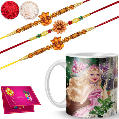 VRAANTIKA Thread Rakhi-2025-D-1087_NEWADN1605 Mauli Thread Mug  Set(Coffee Mug , 3 Dora Rakhi , Roli Chawal , Greeting Card)