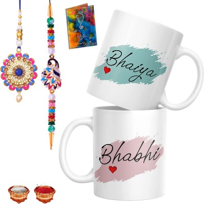 Plakasha creations Rakhi, Mug, Chawal Roli Pack, Lumba, Greeting Card  Set(2 Printed Coffee Mug, 1 Lumba Rakhi Set, 1 Raksha bandhan Card, 1 Roli Chawal)