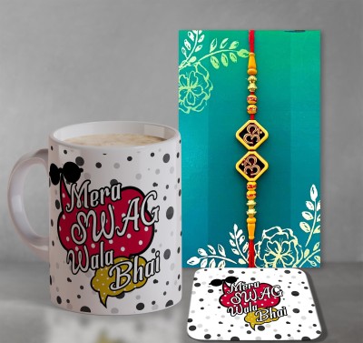 ECFAK Thread Mera Swag Wala Bhai Printed Mug With Coaster And Rakhi Sandalwood Rakhi, Mug, Coaster  Set(Coffee Mug, Coaster, Rakhi)