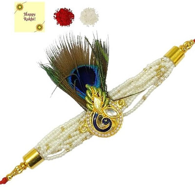 Dms Retail Thread Pack of 1 Designer Pearl Studded Peacock Feather Rakhi Assorted Rakhi  Set(1 Rakhi)
