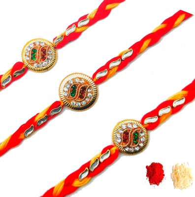 PRIDESKYASIA Designer 3 Mouli Dora Rakhi, 1 Tilak Pack With Rakshabandhan Greet Card Gold Finish Rakhi, Chawal Roli Pack  Set(3 RAKHI WITH 1 ROLI TILAK PACK)