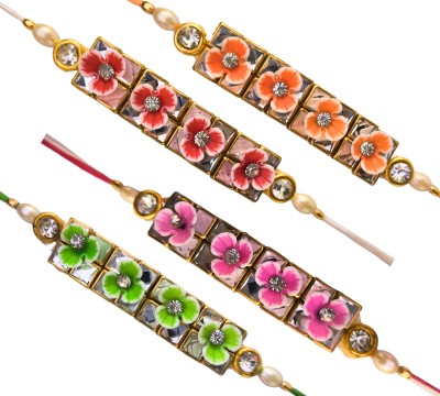 A-Besh Bracelet  Set(4 Stone Studded Designer Flower Rakhi::4 Rakhi Greetings Card)