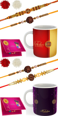NNADN Religious RAKHI 1-2-55 & RAKHI 2-3-143_0807 Gold Finish Rakhi, Chawal Roli Pack, Greeting Card, Mug  Set(2 Rakhi Set)