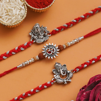 Rakhi Nation Designer LIVE-E3-F5-E1 Assorted Rakhi  Set(3Rakhi, Roli & Chawal, Greeting Card, Mishri)