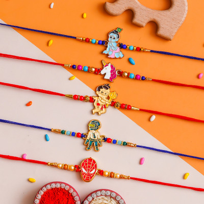 Creative Ceramic Thread LUDO CARROM PANI PURI AND SWEETS RAKHI FOR GIRLS BOYS BROTHER SISTER FOOD RAKHI WITH ROLI TILAK PACK Mauli Thread Rakhi, Chawal Roli Pack  Set(4 RAKHI WITH ROLI CHAWAL)