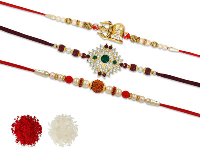 R A Enterprises Thread R-A-EN_01-4 Mauli Thread Chawal Roli Pack  Set(3 Rakhi, 1 Roli, 1 Chawal)