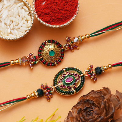 eCraftIndia Designer D1484 Assorted Rakhi  Set(Set of 2 Designer Rakhis, 1 Roli Chawal Pack)