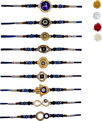 bandhan Designer Evil Eye Rakhi of 12 set of Designer Rakhi | Rakhi Combos for Brother Mauli Thread, Silver Rakhi  Set(12 Evil Rakhis and Roli Chawal)