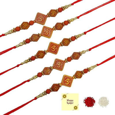 Dms Retail Thread pack of 5 Om Symbol Designer Religious Rakhi with Roli Chawal Assorted Rakhi  Set(5 Rakhi)