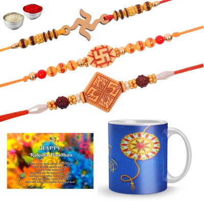 Fifth and Moon Rakhi, Mug, Greeting Card, Chawal Roli Pack  Set(1 Printed Coffee Mug, 3 Designer Rakhi, 1 Small Greeting Card, 1 Roli Chawal Pack)