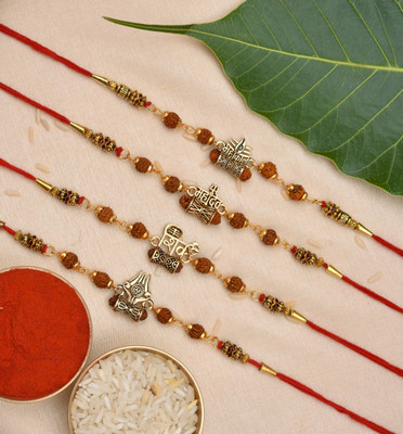 PRIDE STORE Rudraksh Mahadev Mahakal Trishul Rudraksh Rakhi Set With Greeting Card Mauli Thread Rakhi, Chawal Roli Pack, Greeting Card  Set(4 Rakhis , 1 Greeting Card , 1 Tilak Pack)