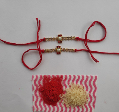 PDR Poonam Designer PD-2Pc-R2 Gold Finish Rakhi  Set(1 chawal Roli, 3 Rakhi)