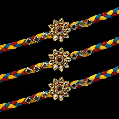 Saugat Traders Designer Pack of 3 Handmade Rakhi for Brother with Chawal Roli Pack - Designer Rakhi Mauli Thread, Kundan, Assorted Rakhi, Chawal Roli Pack  Set(Set of 3 Handmade Rakhi for Brother - Designer Rakhi Combo)