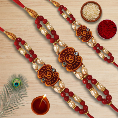 Amdeeworld Thread Set of 3 Om Swastik Rakhi with Red Beads & Pearls for Brother – Traditional Mauli Thread Rakhi  Set(Pack Of 3 Rakhi)