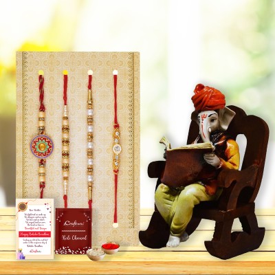 eCraftIndia Bracelet D1268P6C6MSGG511 Assorted Rakhi  Set(1 Roli Chawal Pack, 1 Lord Ganesha reading Book on Wooden Chair)