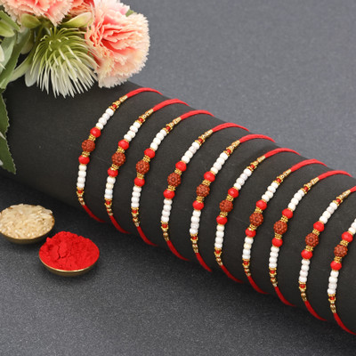 Alampata Religious RUDRAKSH 2 Pearl Rakhi  Set(10 RAKHI and 1 roli chawal pack)