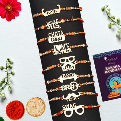 Designer Rakhi, Greeting Card, Chawal Roli Pack(9 Designer Gold Finish Rakhi With Chawal Roli Pack)
