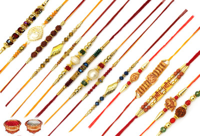 ShopGlobal Designer RAKHI-N2+N4TON17-15P Mauli Thread Rakhi  Set(Pack of 15 Multicolor Designer Rakhi with Roli and Chawal)