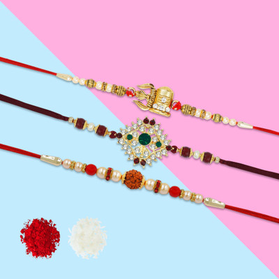 R A Enterprises Thread R-A-EN_4-3 Mauli Thread Chawal Roli Pack  Set(3 Rakhi, 1 Roli, 1 Chawal)