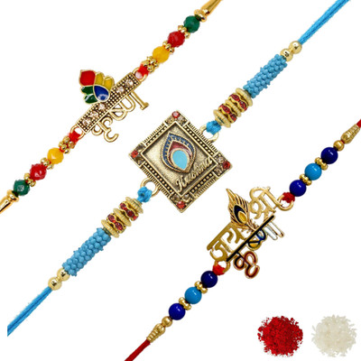 Religious Combo-1254 Gold Finish Rakhi, Greeting Card, Chawal Roli Pack Set by Meira Jewellery(3 rakhi, 1 Roli Chawal Pack)
