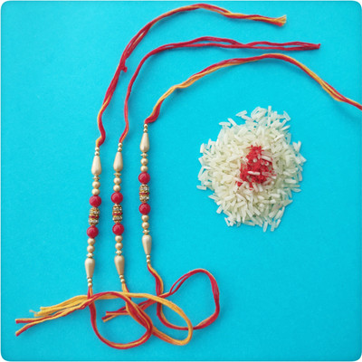 AVM Designer AM-Rakhi-3 PC-2 Red Stone with Dholak Mauli Thread, Kundan Rakhi, Chawal Roli Pack  Set(3 Piece Handmade Fancy Designer Rakhi for Mens & Kids, 1 Roli chawal)