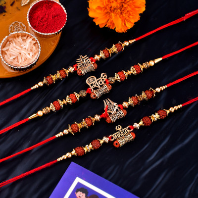 PRIDE STORE Rudraksh 421-MAHADEV-MAHAKAL-CHAKSU-6U Mauli Thread Rakhi, Chawal Roli Pack, Greeting Card  Set(4 Rakhi, 1 TilaK Pack, 1 Greeting Card)