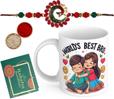 Ekish Designer A1-Bro207_P15 Assorted Rakhi, Mug, Greeting Card, Chawal Roli Pack  Set(Designer Rakhi, Best Brother Cofee Mug, Greeting Card, Chawal Roli Pack)