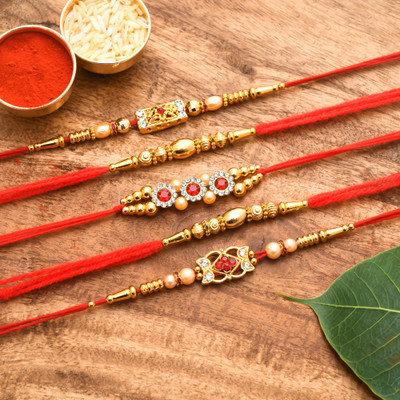 Poorak Religious 23RK_3RN_CR Assorted Rakhi, Chawal Roli Pack  Set(5 Rakhi)