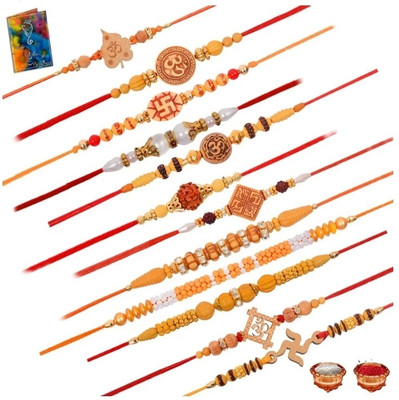 Dreamcart Designer Simple Rakhi Rudraksha Rakhi Set Of 12 Rakhi Set For Brother With Greeting Card Roli Chawal Assorted Rakhi, Greeting Card, Chawal Roli Pack  Set(12 Rakhi set 1 Greeting Card 1 Roli Chawal)