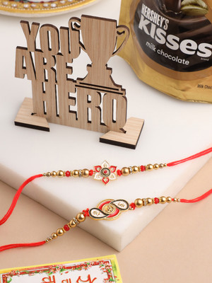 NVR Thread NVR1214C Mauli Thread Chawal Roli Pack  Set(2 Rakhi with Chocolate & MDF Stand)