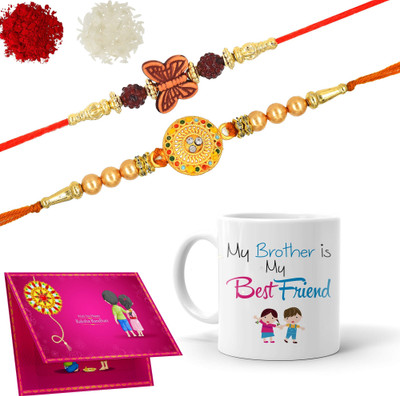 NADN Thread Double-Dora16-M121_2106 Gold Finish Rakhi, Chawal Roli Pack, Greeting Card, Mug  Set(2 Rakhi, 1 Mug, 1 Roli & Chawal, 1 Card)
