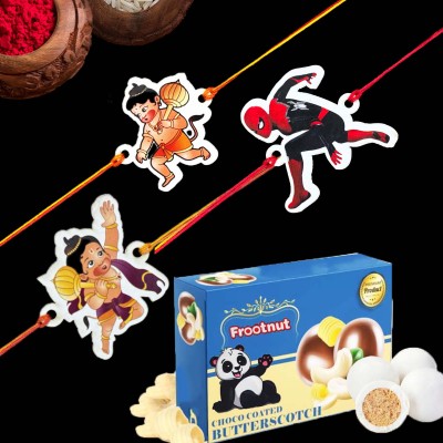 PDR Poonam Designer Rakhi Chawal Roli Pack  Set(3Kids RAKHI CHOCOLATE SET,Hanuman rakhi,Spiderman Rakhi,TIKKA CHAWAL)