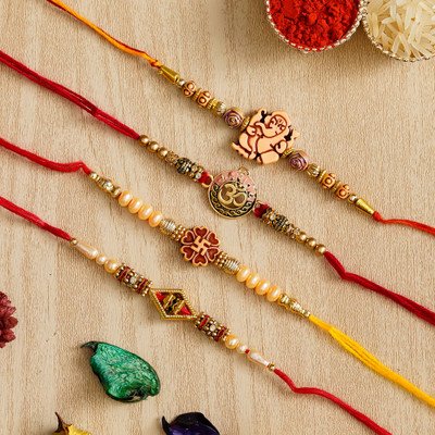 Anil Rakhi Religious D1057 Assorted Rakhi  Set(Pack of 4 Rakhis with Roli Chawal)